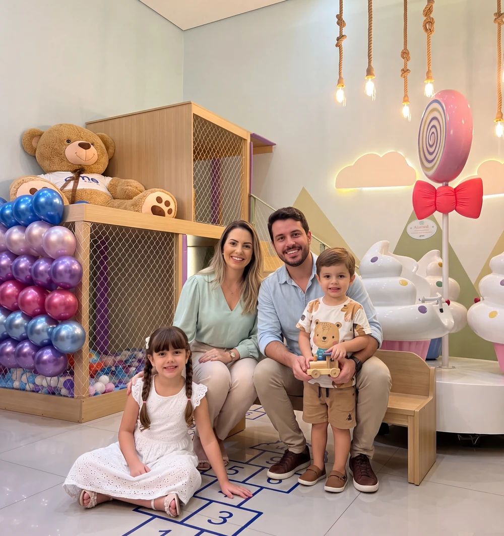 Família sorrindo no espaço lúdico de uma unidade da Amo Vacinas