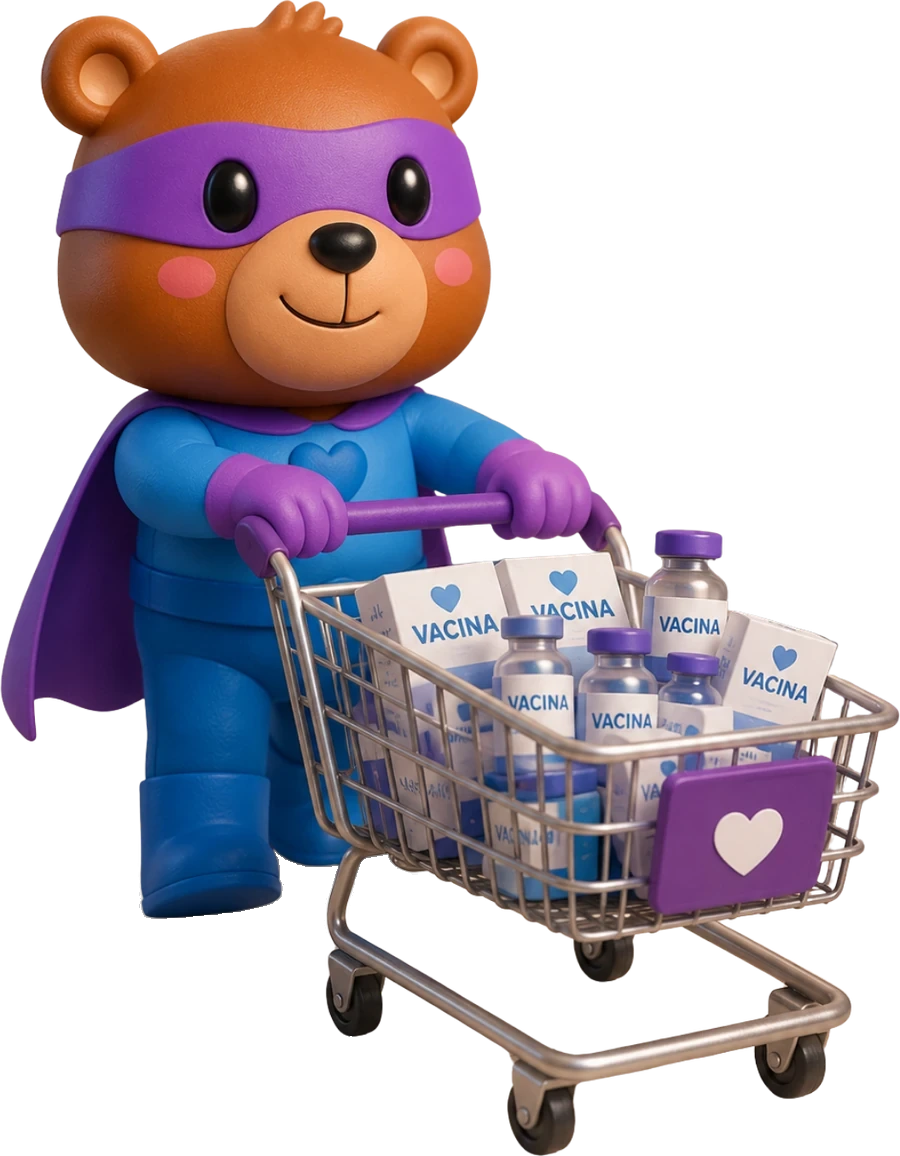 Mascote da Amo Vacinas empurrando um carrinho cheio de vacinas