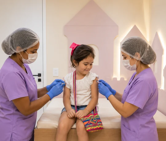 Duas enfermeiras da Amo Vacinas aplicando vacina em uma menina